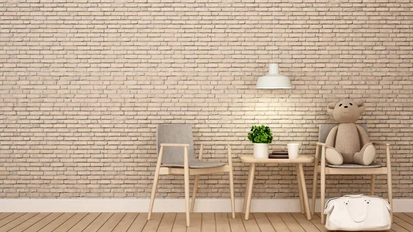 Ursinho de pelúcia na cadeira no quarto de criança ou café, parede de tijolo decorar - 3D Rendering — Fotografia de Stock