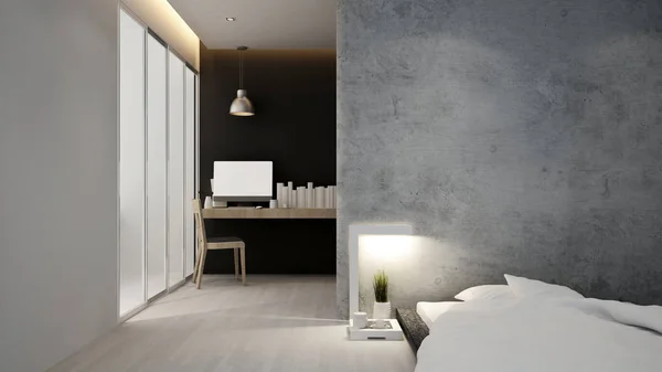 Local de trabalho e quarto em hotel ou apartamento - Design de interiores - 3D Rendering — Fotografia de Stock