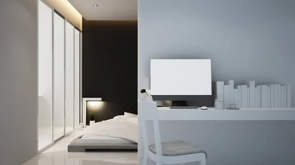 Posto di lavoro e camera da letto in hotel o appartamento - Interior design - 3D Rendering — Foto Stock