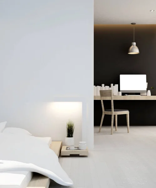 Quarto e local de trabalho em casa ou apartamento - Design de interiores - 3D Rendering — Fotografia de Stock