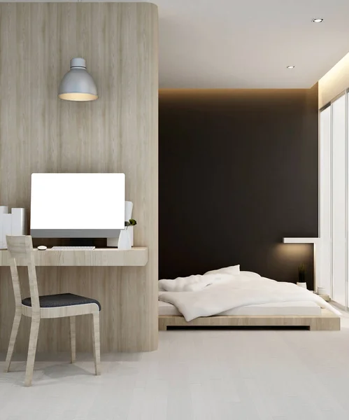 Local de trabalho e quarto em hotel ou apartamento - Design de interiores - 3D Rendering — Fotografia de Stock