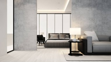 oturma odası ve yatak odasında daire veya otel - iç tasarım - 3d render