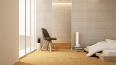 yatak odası ve balkon otel veya daire - iç tasarım - 3d render
