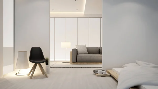 Sala de estar y dormitorio en apartamento u hotel - Diseño de interiores - 3D Rendering —  Fotos de Stock