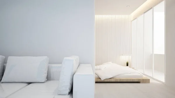 Καθιστικό και υπνοδωμάτιο σε διαμέρισμα ή ξενοδοχείο - εσωτερική διακόσμηση - 3d Rendering — Φωτογραφία Αρχείου