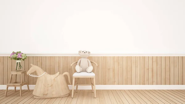 자에 아이 방 또는 보육-인테리어 디자인에서 흔들 말 테 디 베어-3d 렌더링 — 스톡 사진