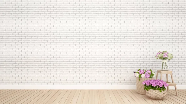 Decoração de parede de tijolo e flor em quarto vazio.Design de interiores - 3D Rendering — Fotografia de Stock