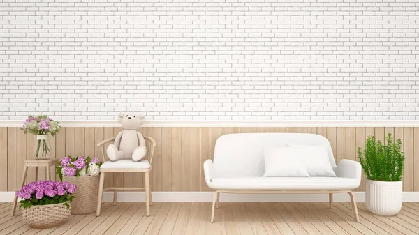 Oso de peluche en silla y flor en habitación de niño o sala de estar - Diseño de interiores - 3D Rendering —  Fotos de Stock