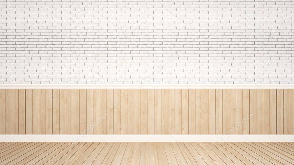 brick wall and wood wall decorate in empty room for art work - Interior design - 3D Rendering