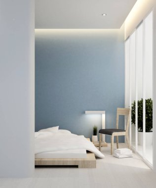 yatak odası mavi tonu ve balkon otel veya daire - iç tasarım - 3d render