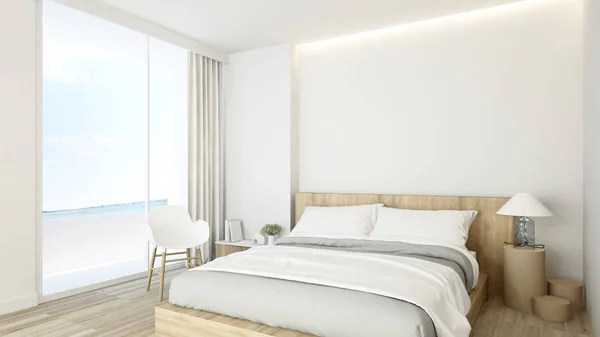 Balkonlu ve deniz manzaralı otel veya daire - yatak odası iç tasarım - 3d render