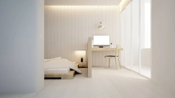 Werkplek en slaapkamer in hotel of appartement - interieurinrichting - 3d Rendering — Stockfoto