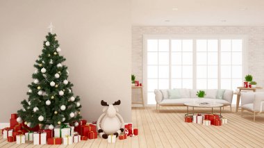 Ren geyiği oyuncak ve hediye kutusu oturma odasında - Noel için sanat ile Noel ağacı - 3d render