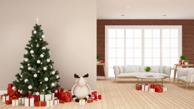 Ren geyiği oyuncak ve hediye kutusu oturma odasında - Noel için sanat ile Noel ağacı - 3d render