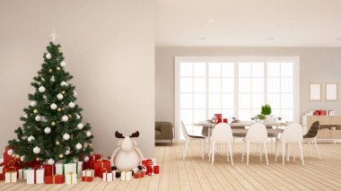 Yemek odası ve ev ro daire - illüstrasyon Noel için Noel ağacı - 3d render