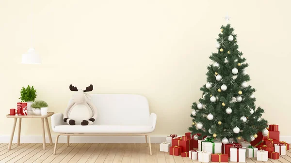 Renifer lalka na kanapie z choinki i prezent w salonie - grafika na Boże Narodzenie - 3d renderowania — Zdjęcie stockowe