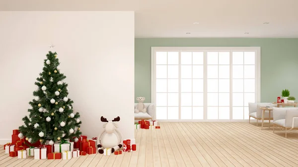 Choinka i prezent w salonie - grafika na Boże Narodzenie - 3d renderowania — Zdjęcie stockowe