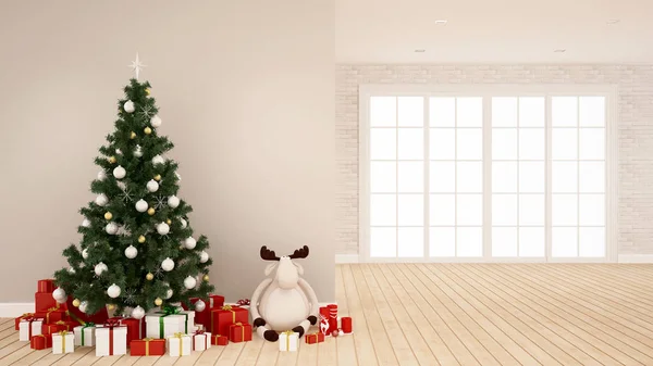 Choinka z reniferów lalka i dar pole w pustym pokoju - grafika na Boże Narodzenie - 3d renderowania — Zdjęcie stockowe