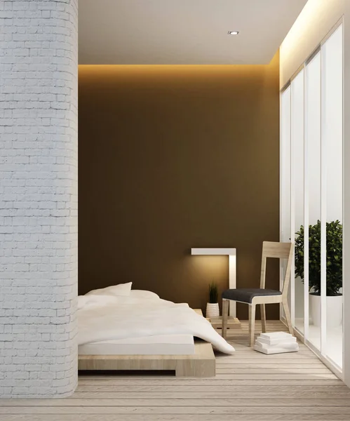 Quarto com área de relaxamento e varanda no hotel ou apartamento - Design de interiores - 3D Rendering — Fotografia de Stock