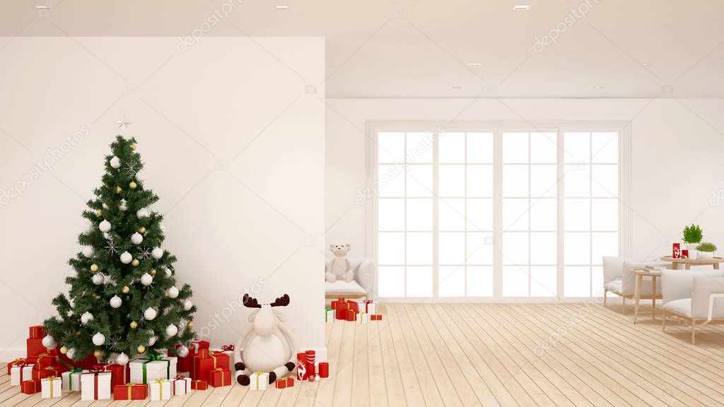 christmas tree and gift in living room -  artwork for Christmas day - 3D Rendering
