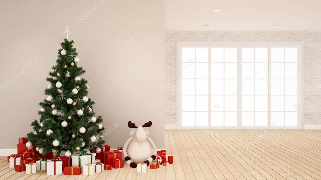 christmas tree with reindeer doll and gift box in empty room -  artwork for Christmas day - 3D Rendering