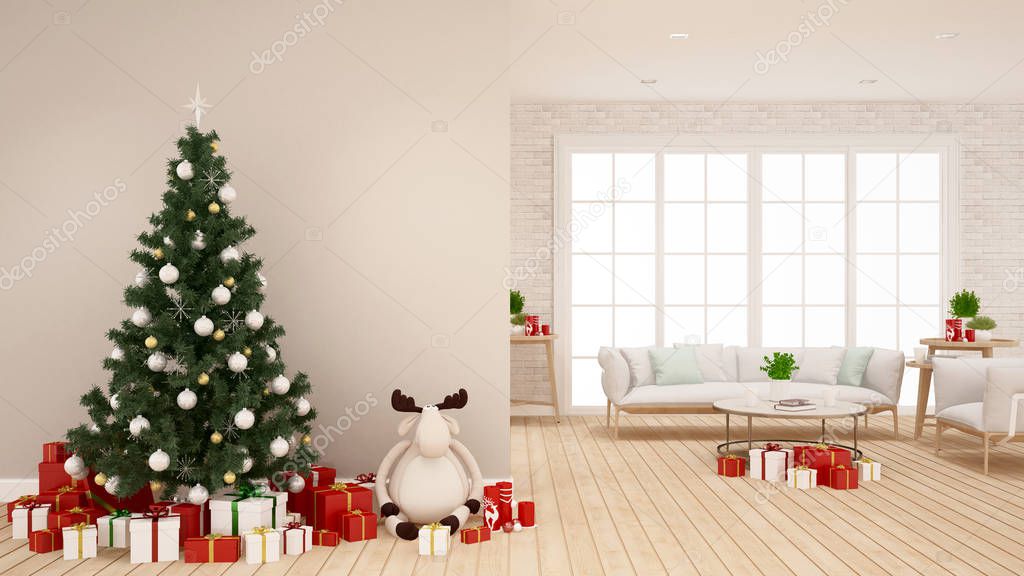 christmas tree with reindeer doll and gift box in living room -  artwork for Christmas day - 3D Rendering