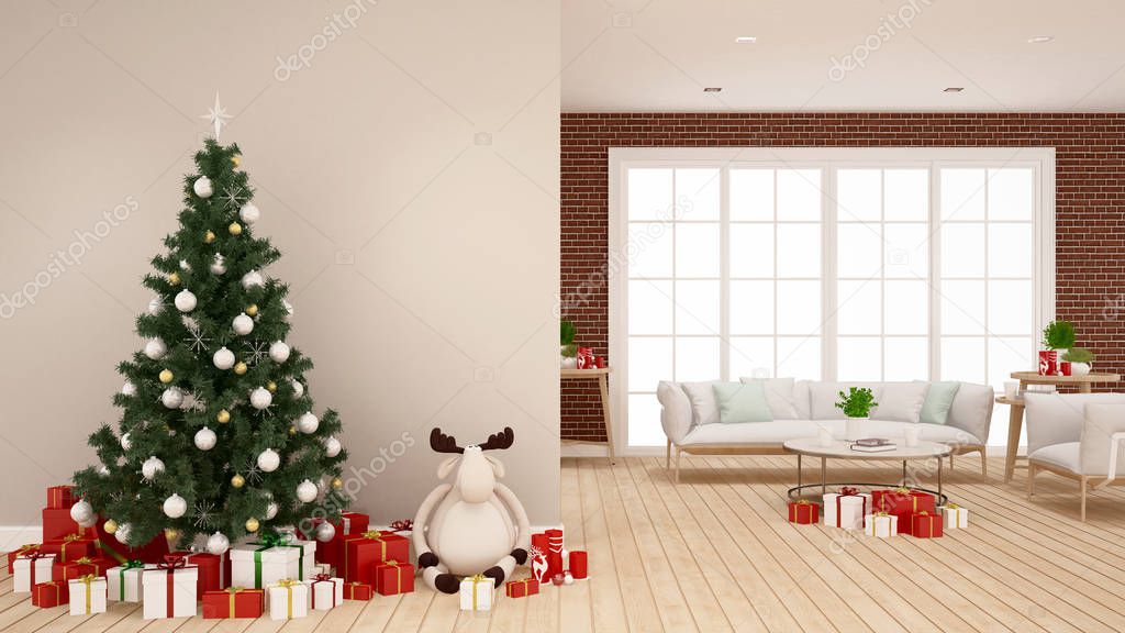 christmas tree with reindeer doll and gift box in living room -  artwork for Christmas day - 3D Rendering
