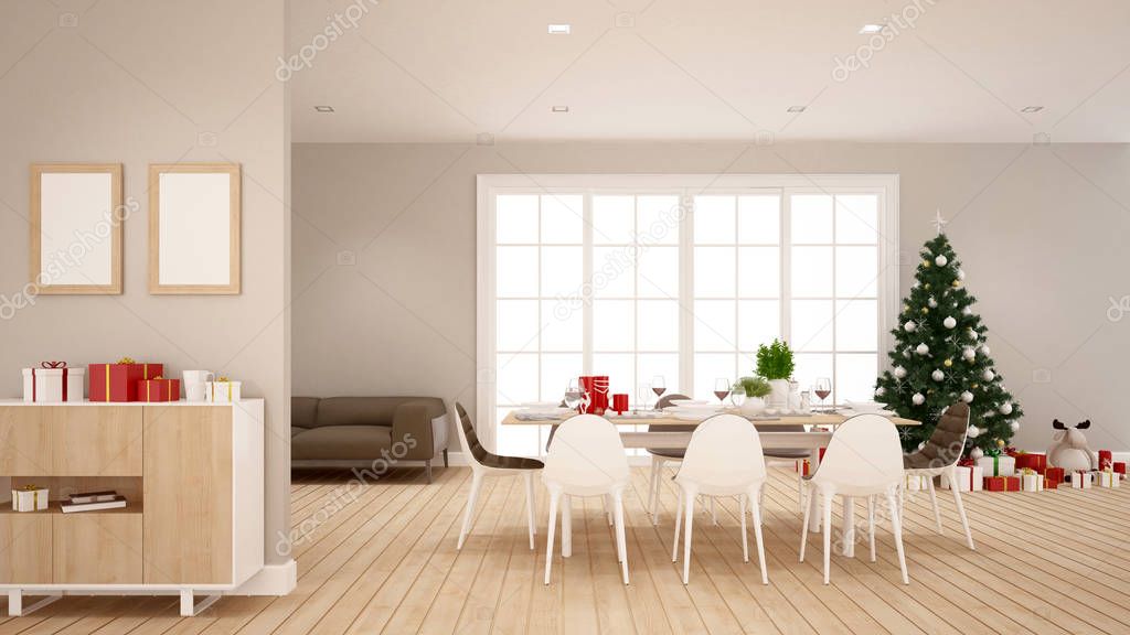 Dining room and christmas tree in home ro apartment - Illustration for christmas day - 3D Rendering