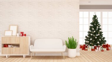 oturma odasında - sanat Mesih için Noel ağacı ve hediye kutusu