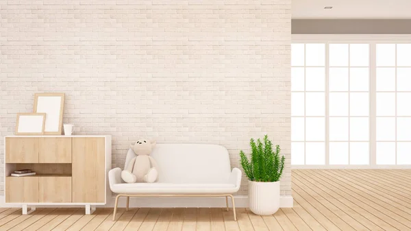 Muñeca oso de peluche en el sofá en la sala de estar - Diseño de interiores para obras de arte - 3d renderizado —  Fotos de Stock