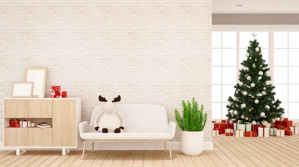 Lalka reniferów na kanapie w salonie dla kompozycji mieszkania lub domu - projektowanie wnętrz - 3d renderowania — Zdjęcie stockowe