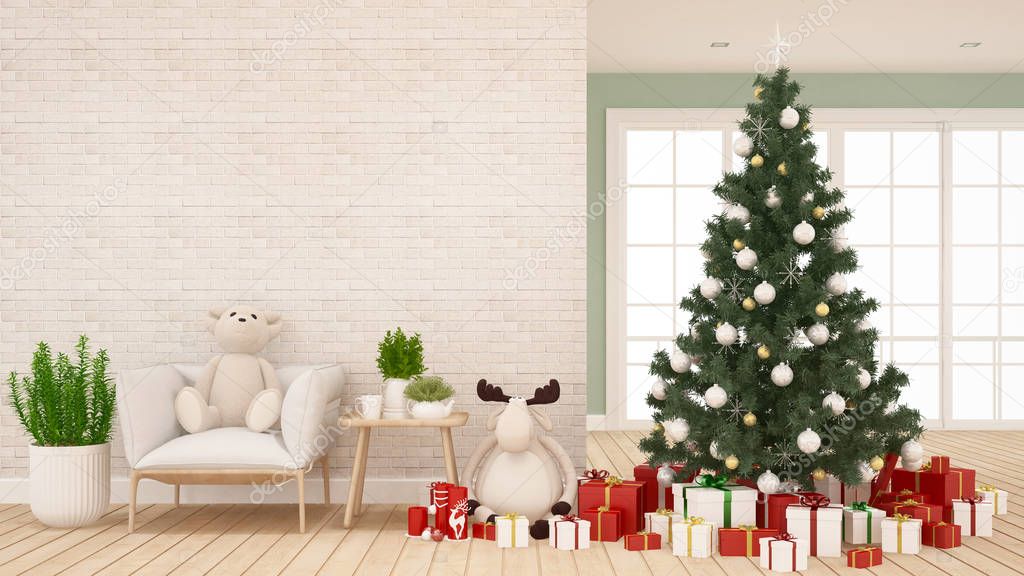 christmas tree with reindeer doll and teddy bear in living room -  artwork for Christmas day - 3D Rendering