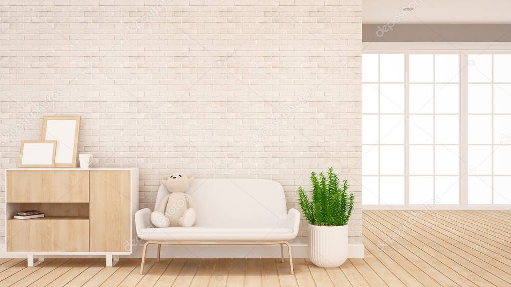 teddy bear doll on sofa in living room - Interior design for artwork - 3d rendering