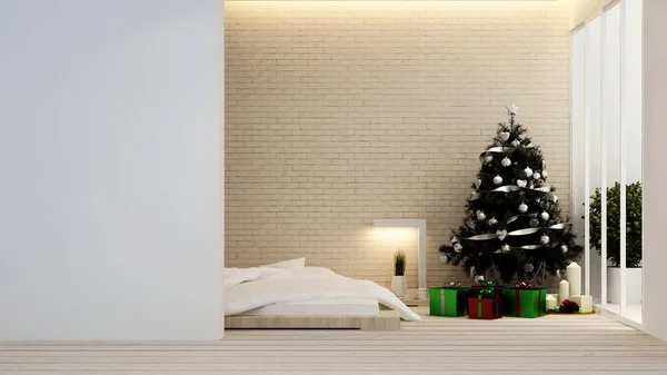 Karácsonyfa a szálloda vagy apartman - hálószoba lakberendezés - 3D-s renderelés — Stock Fotó