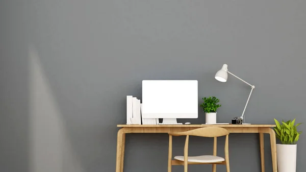 Pracovní prostor a světlounce šedá zeď v domu nebo bytu - design interiéru pro kresbu - 3d vykreslování — Stock fotografie