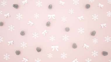 Çam kozalağı kar tanesi ve şerit üzerinde açık pembe renkli - neşeli Noel ve mutlu yeni yıl - 3d çizim için resimler