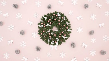 Çelenk çam koni, kar tanesi ve şerit üzerinde açık pembe renkli - Noel günü ya da mutlu yeni yıl - 3d çizim için resimler