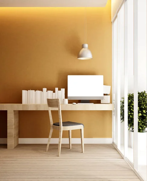 Local de trabalho e parede amarela em casa ou apartamento - Design de interiores para obras de arte - 3D Rendering — Fotografia de Stock