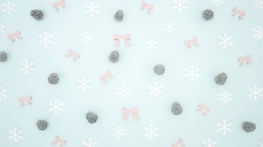Çam kozalağı kar tanesi ve şerit üzerinde açık mavi renkli - neşeli Noel ve mutlu yeni yıl - 3d çizim için resimler
