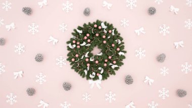 Çelenk çam koni, kar tanesi ve şerit üzerinde açık pembe renkli - Noel günü ya da mutlu yeni yıl - 3d çizim için resimler