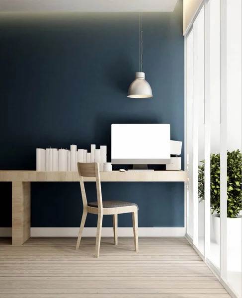 Local de trabalho e parede cinza azul em casa ou apartamento - Design de interiores para obras de arte - 3D Rendering — Fotografia de Stock