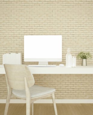 Çalışma odası ahşap ve tuğla duvar sanat için dekore-ev veya daire çalışma alanı veya işyeri, ıior basit tasarım-3D Rendering