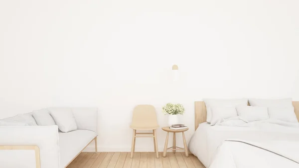 Белая спальня и жилая зона в отеле или квартире - простой дизайн для художественной гостиницы или дома - 3D Рендеринг — стоковое фото
