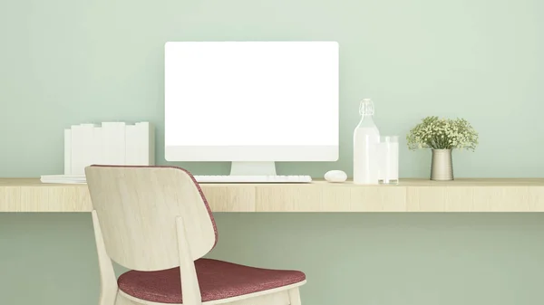 Röd stol i studierum och grön vägg dekorera för konstverk - vardagsrum eller arbetsplats för små kontor i kafé eller lägenhet - 3D-konvertering — Stockfoto