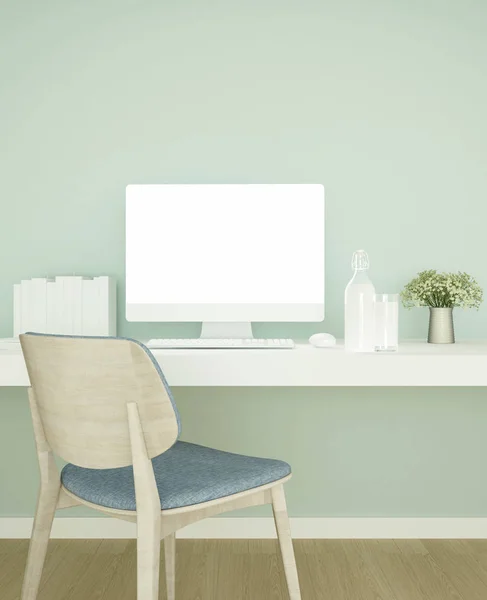 Sala de estudio y pared verde decorar para obras de arte - sala de estar o lugar de trabajo de la pequeña oficina en la cafetería o apartamento - 3D Rendering — Foto de Stock