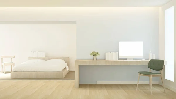 Camera da letto e zona giorno in hotel o condominio design semplice - Camera da letto e posto di lavoro in appartamento o hotel - Rendering 3D — Foto Stock
