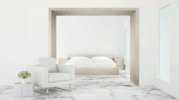 Slaapkamer en woonkamer in hotel of condominium, Interieur eenvoudig ontwerp - Witte slaapkamer in appartement of huis - 3d Rendering — Stockfoto
