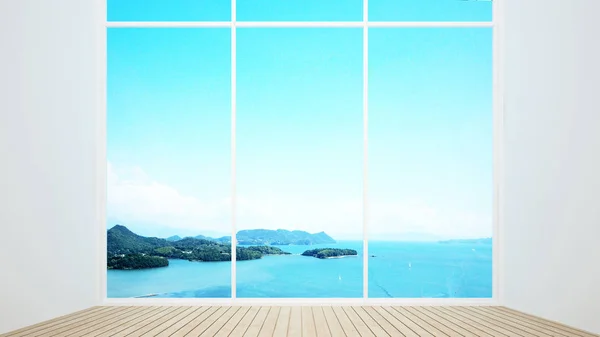 Lege kamer met uitzicht op zee en heldere hemel in hotel of resort - Eenvoudig design kunstwerk voor de zomer - 3d Rendering — Stockfoto