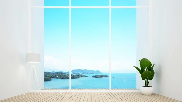 Plant pot en vloerlamp op lege kamer met uitzicht op zee en heldere hemel in hotel of resort - Eenvoudig design kunstwerk voor de zomer - 3d Rendering — Stockfoto