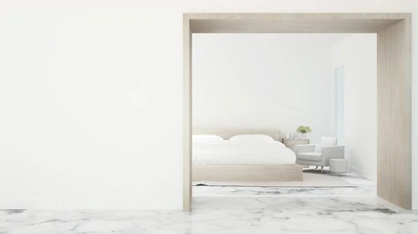 Dormitorio blanco y sala de estar en casa o apartamento - Dormitorio diseño simple en tono blanco- 3D Rendering —  Fotos de Stock